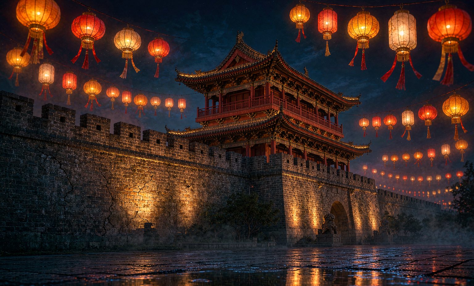 宋城墙与披云楼夜景光影